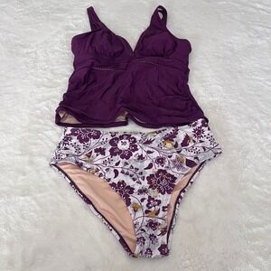 Cupshe Womens Plum Purple Ruched Tankini Floral High Waist Bikini Set L NEW